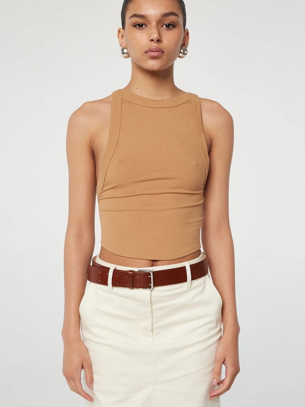 Sleeveless Ribbed Tank Top in Camel